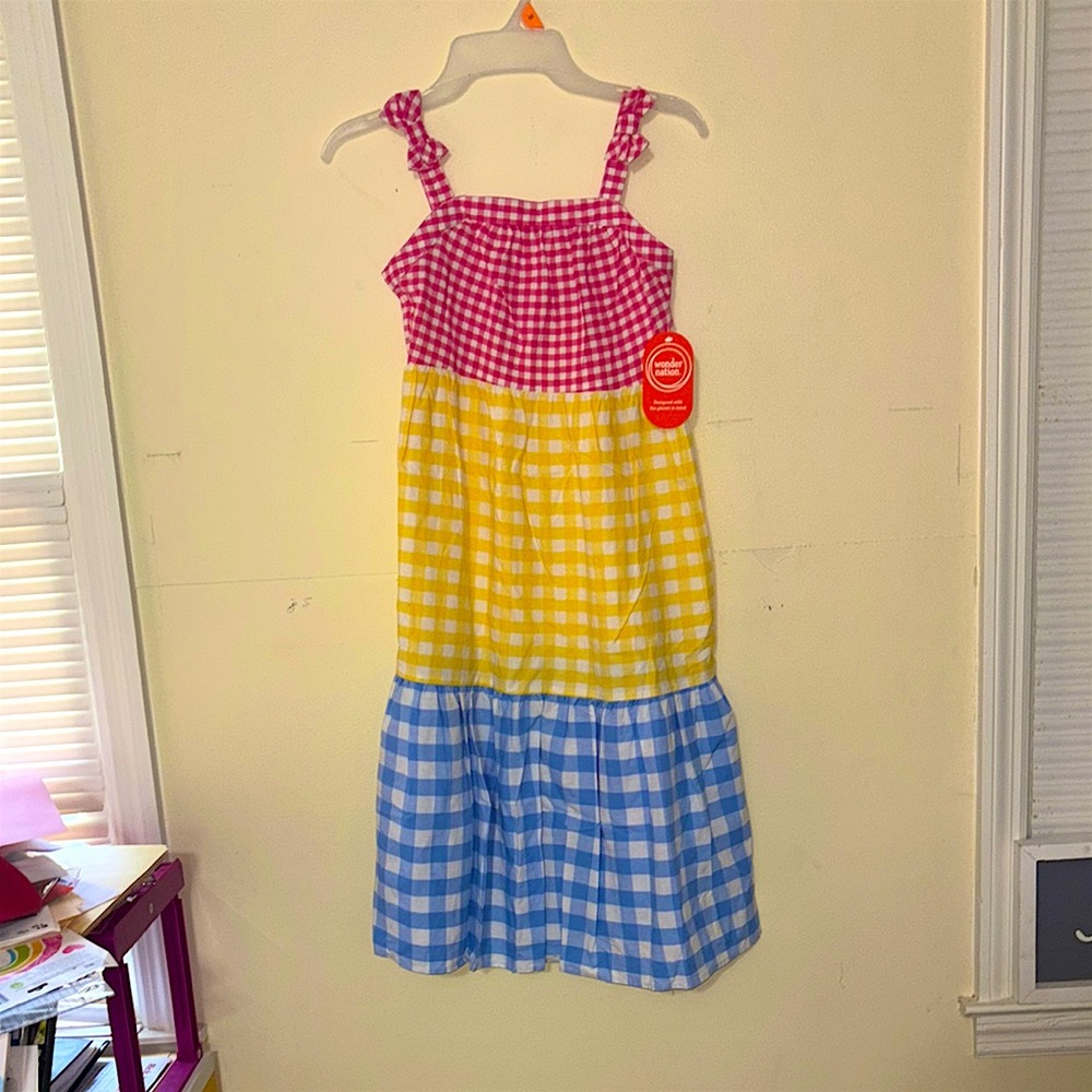 Girls' Pink, Yellow & Blue Gingham Tiered Sundress